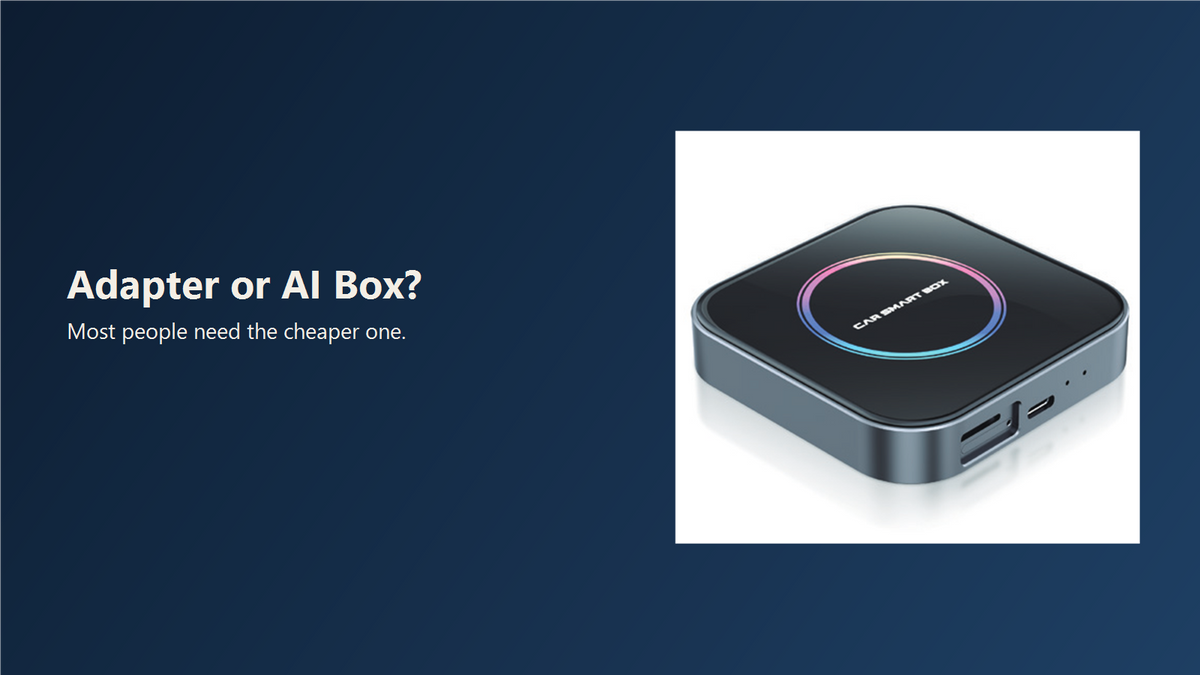 Product render of the Cabinory AI Box on a navy background with the words Adapter or AI Box? Most people need the cheaper one.