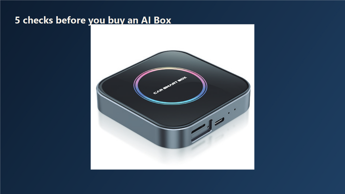 Product render of the Cabinory AI Box on a navy background, with the words 5 checks before you buy an AI Box
