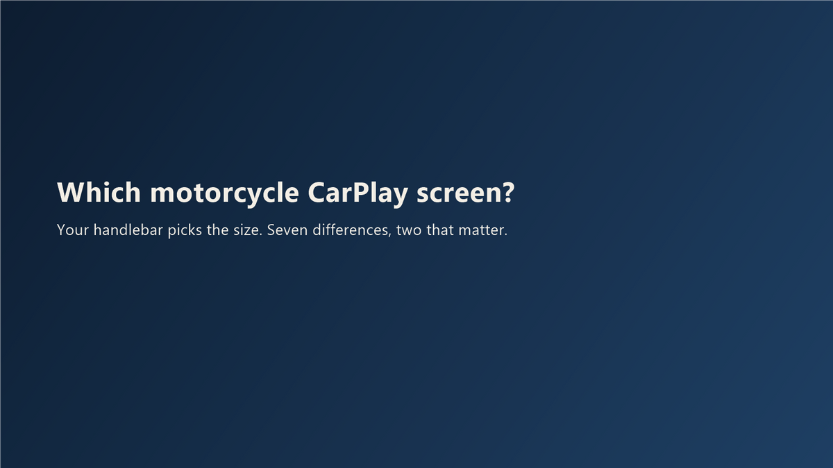 Navy title card: Which motorcycle CarPlay screen? Your handlebar picks the size. Seven differences, two that matter.
