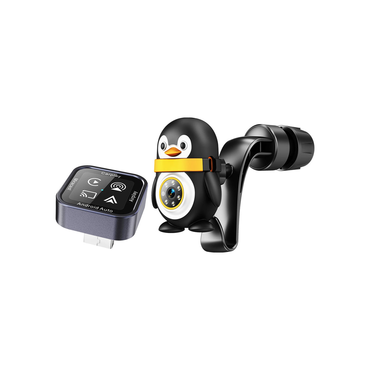 Cabinory Back-Seat Cam bundle: penguin camera on headrest clip with wireless CarPlay adapter, product render on white